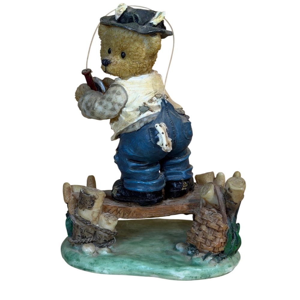 Vintage Fisherman Teddy Bear Figurine Resin Bear on Dock with Fishing Pole Hat